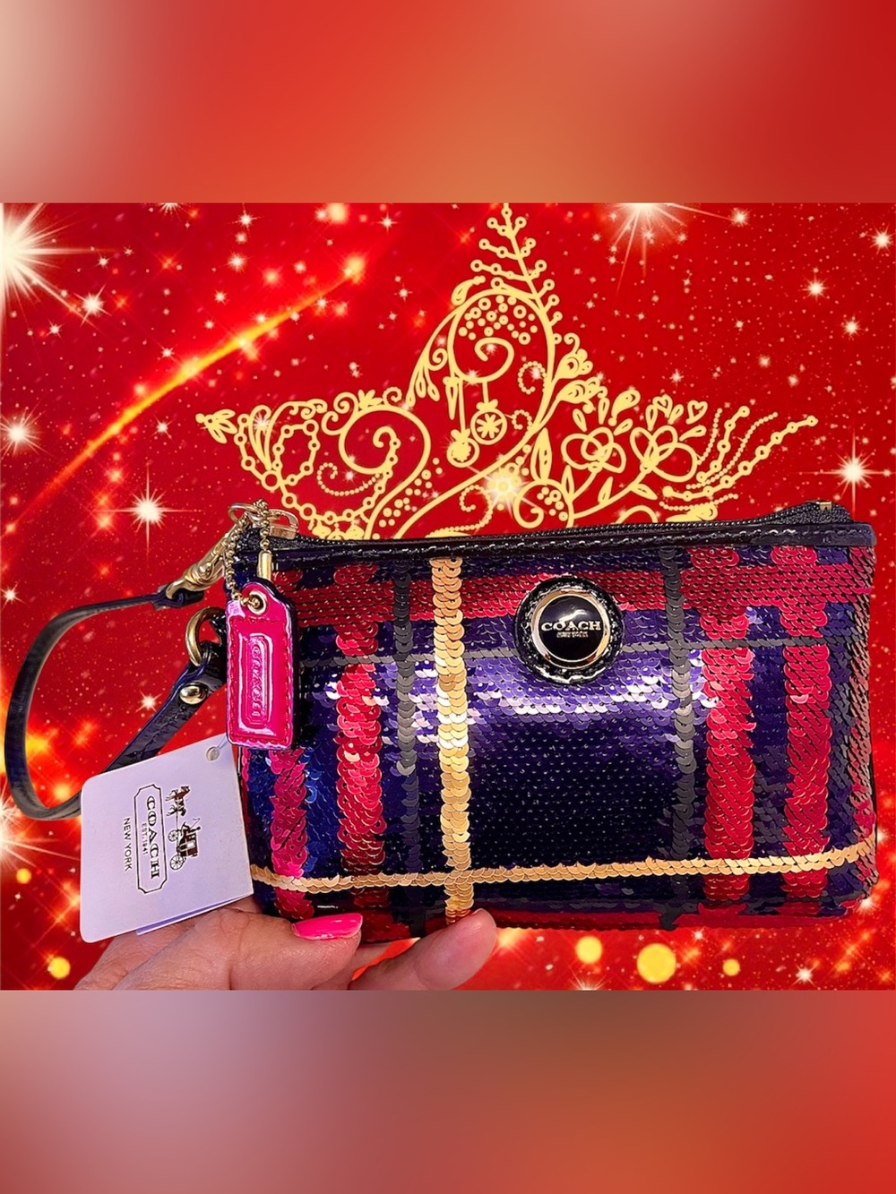 COACH Sequin Plaid Wristlet - Red, Purple, Gold